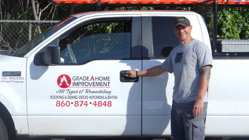 Andrew Disilvestro Jr. of Durham, CT with his Grade A Home Improvement company truck.
